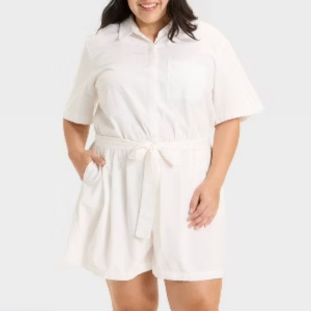 Ava & Viv White Short Sleeve Belted Waist  Romper